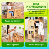 Kauza 3-In-1 Torre Montessoriana Trasformabile in Legno Naturale, Sgabello Da Cucina E Bagno per Bambini Con Lavagna, Torretta Di Apprendimento Pieghevole Con Tavolo E Sedia, Sicura Da 1 Anno